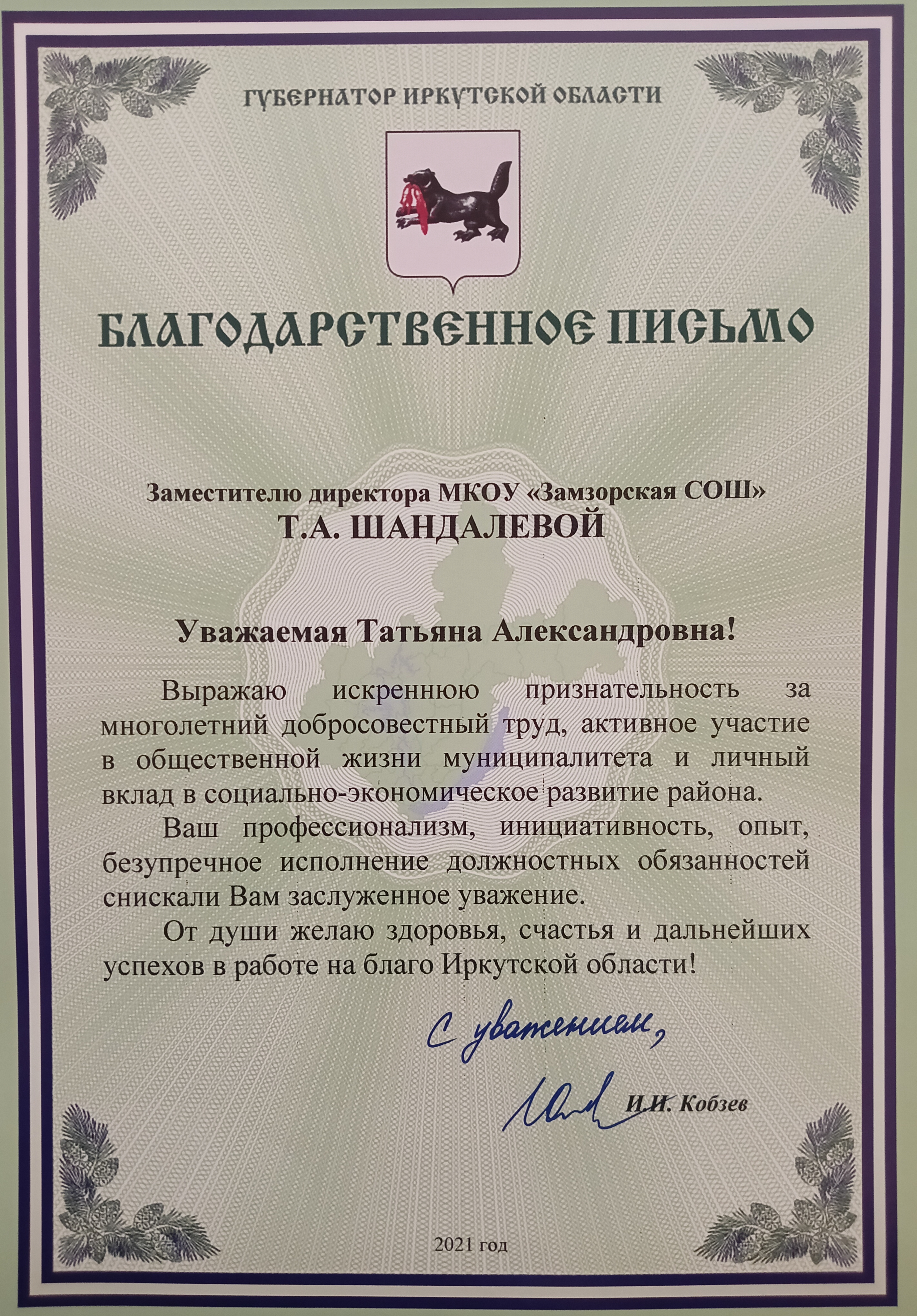 Благодарность Министерства образования Иркутско области - 2013 г.